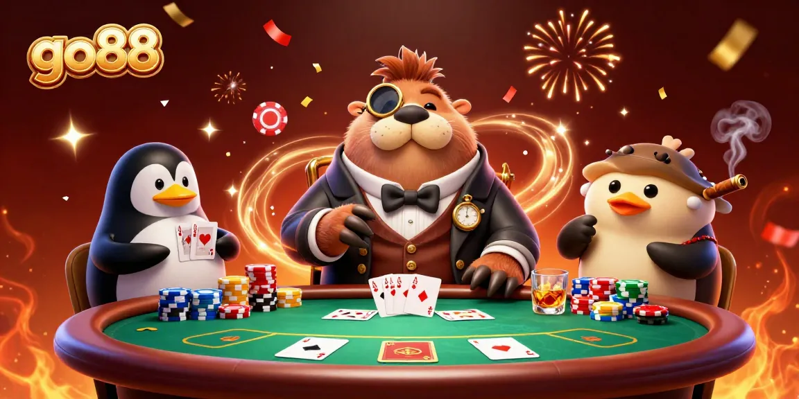 Experience the excitement of go88 poker with animated walrus, penguin dealer, and pufferfish player.