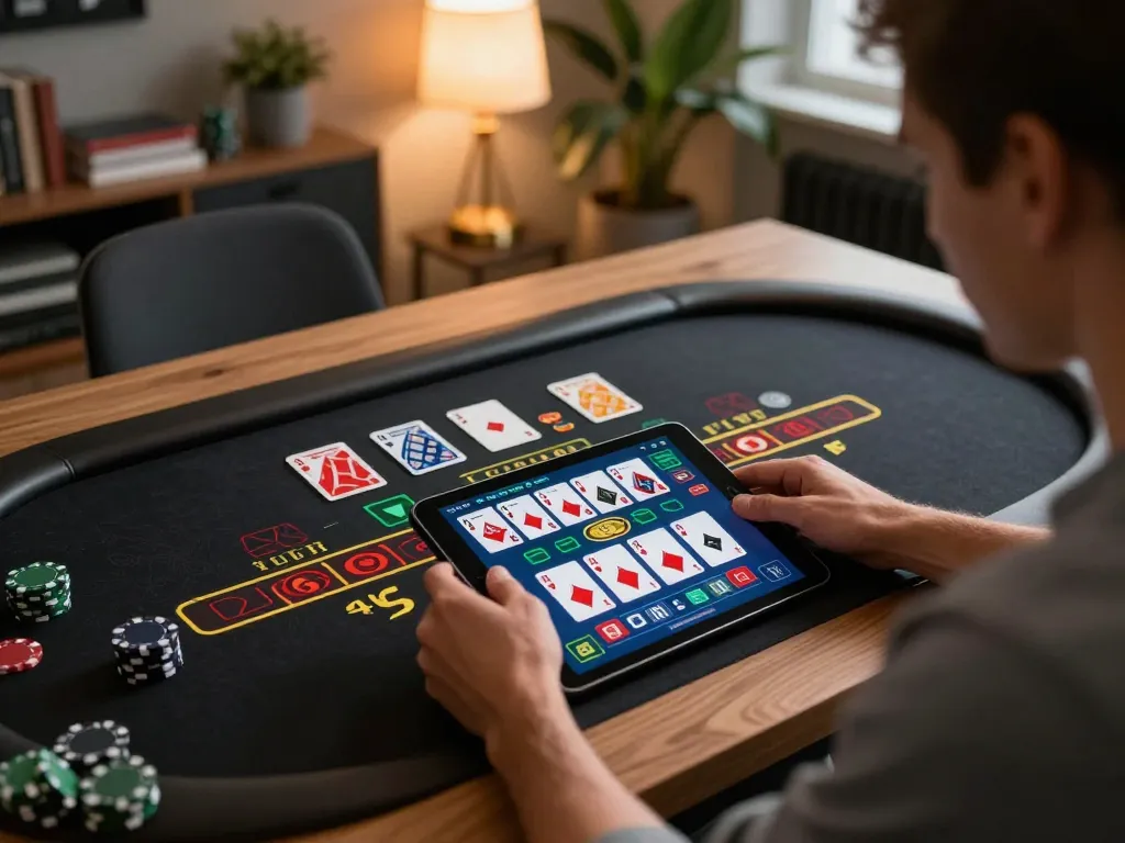 Engaged player at hit club online casino, enjoying live blackjack game on tablet while strategizing