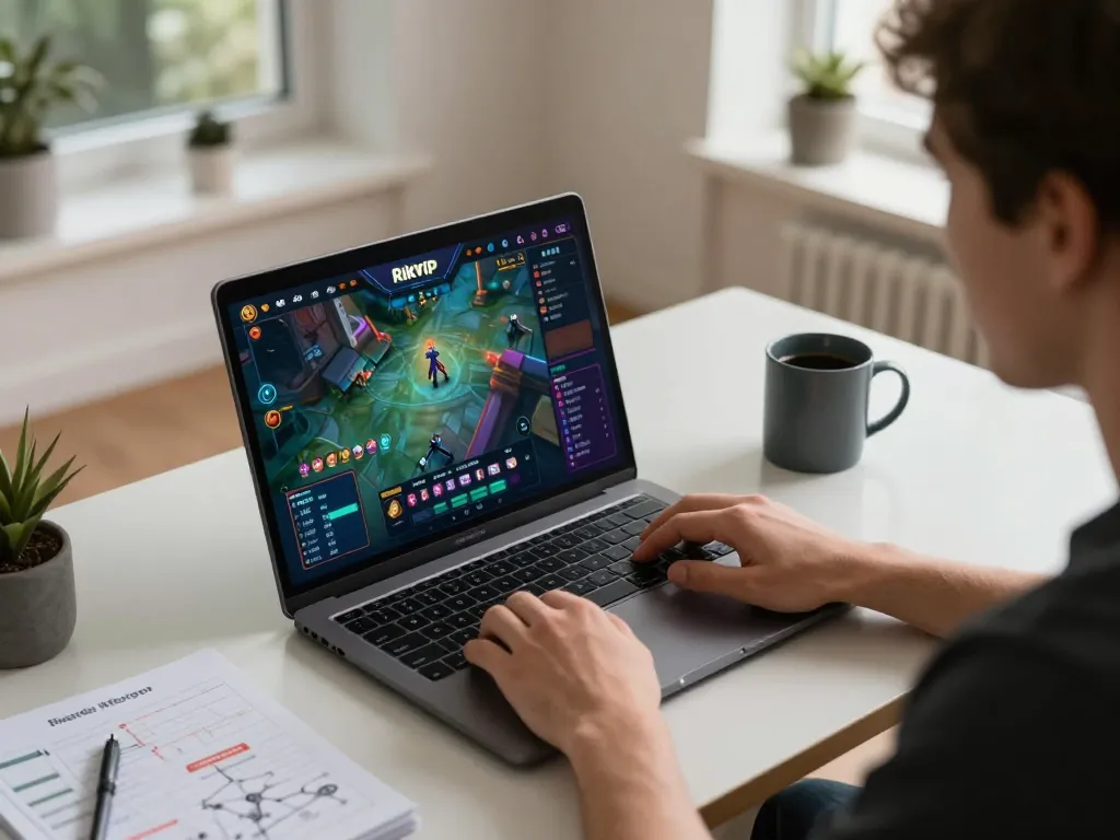 Người chơi đang lập chiến lược với Rikvip trên laptop, thể hiện trải nghiệm chơi game trực tuyến