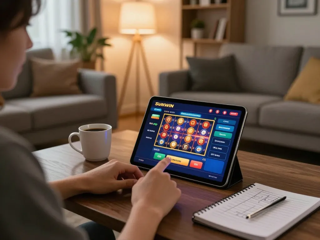 Engaging with the Sunwin casino app on a tablet in a cozy home gaming environment.