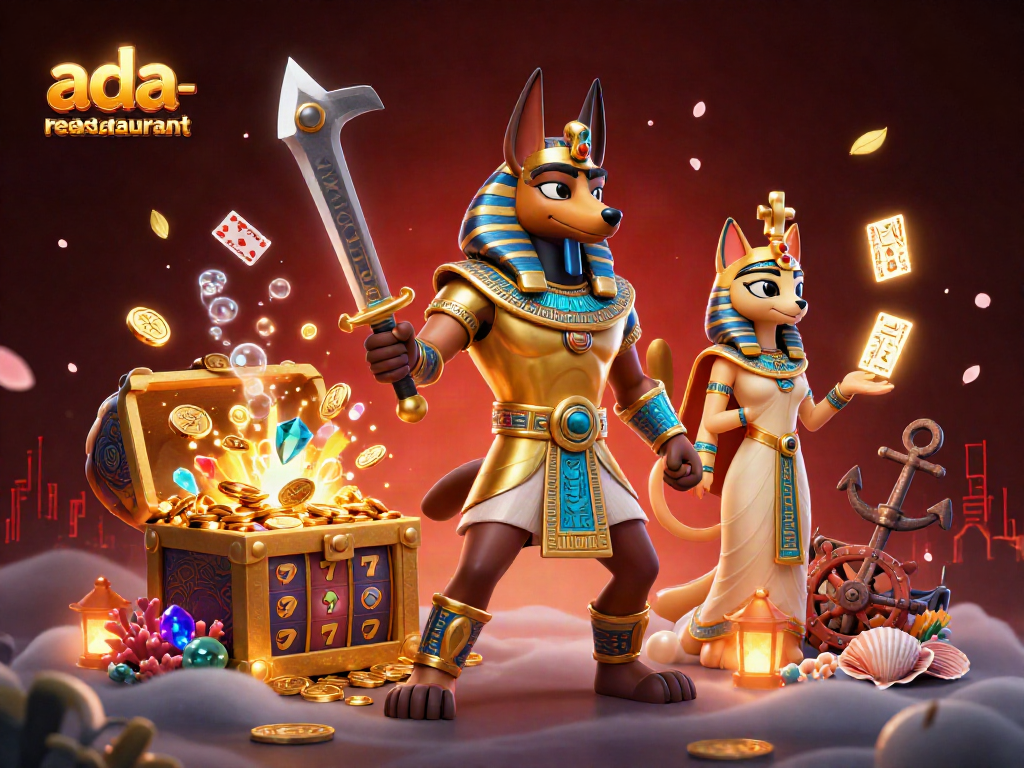 A vibrant scene from ada-restaurant featuring Anubis and Bastet with casino elements and glowing hieroglyphs.
