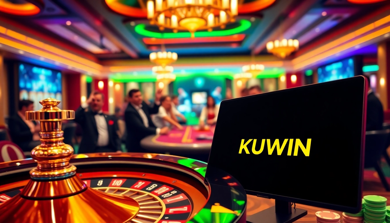Experience thrilling gameplay at KUWIN with a roulette wheel and poker chips in a vibrant casino.