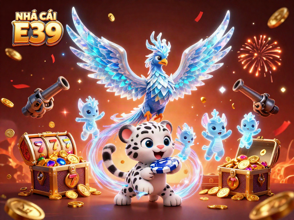 Engage in thrilling gameplay at NHÀ CÁI E39, featuring a magical ice phoenix and vibrant casino elements.