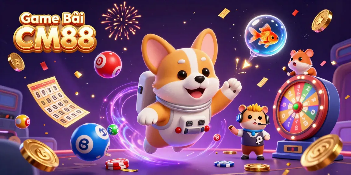 Play and win with Game Bài CM88 in this vibrant illustration featuring casino elements.