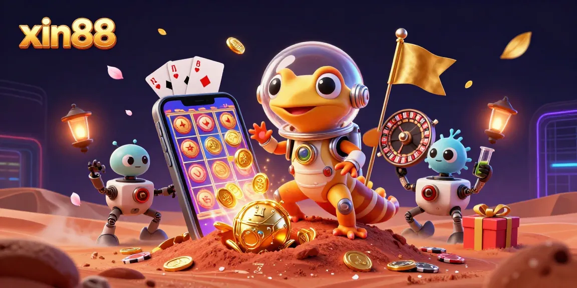 Experience the excitement of xin88 with a cartoon Martian exploring a golden casino on Mars.