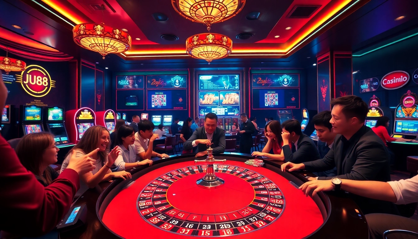 Experience the excitement of Jun88's luxury casino atmosphere with players engaged in dynamic gambling.