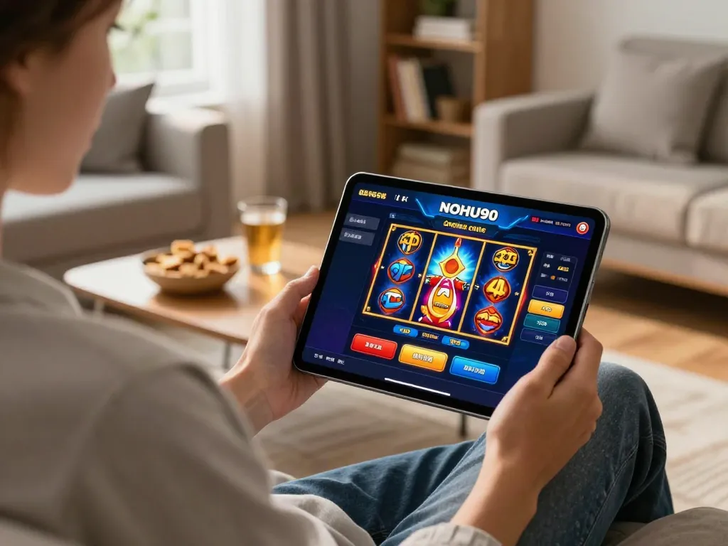 Engaging scene of a player enjoying NOHU90 online casino on a tablet in a cozy home setting.