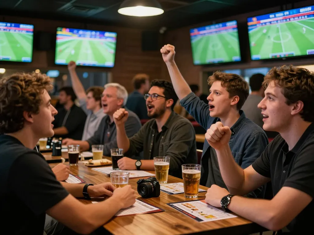 Bettors engaging in strategic discussions at Bongdallu sports betting scene, showcasing excitement and camaraderie.