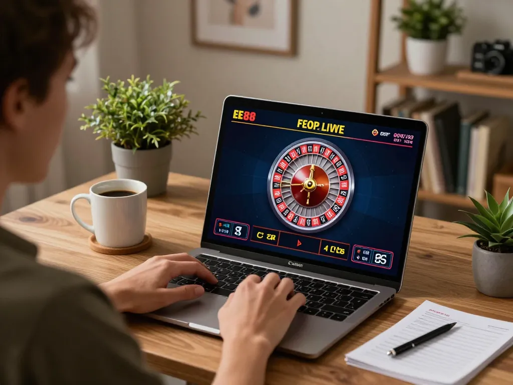 Engaging in online gaming at EE88 with dynamic live dealer action on screen, creating an immersive and responsible gambling experience.