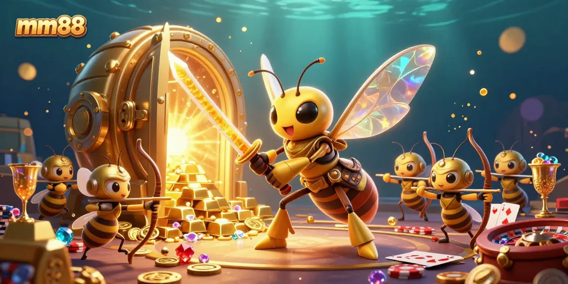 Engage with mm88's vibrant casino atmosphere featuring golden treasures and dynamic characters.