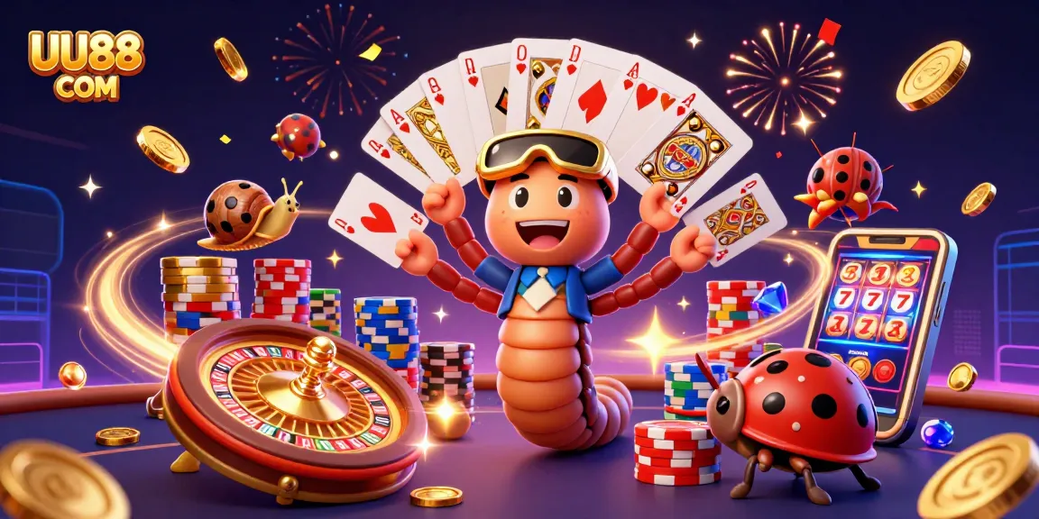Engage with exciting games at UU88 COM with a vibrant casino scene featuring lively characters and dynamic elements.