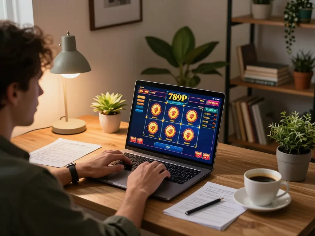 Player enjoying 789P slots in a cozy home office, engaging in online gambling.