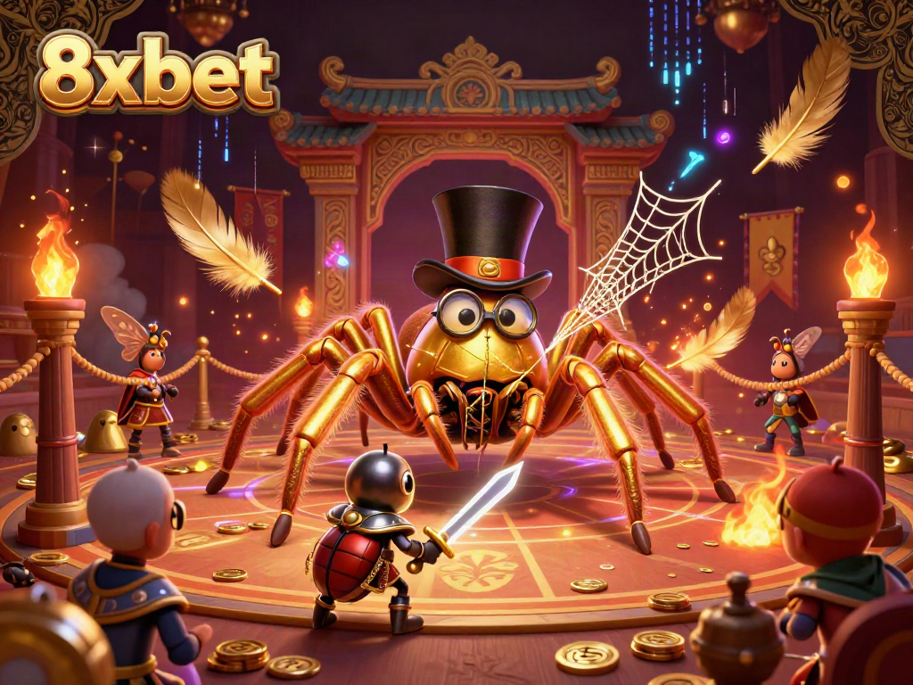 Engage with 8xbet in a vibrant casino scene featuring a golden tarantula and knight in action.