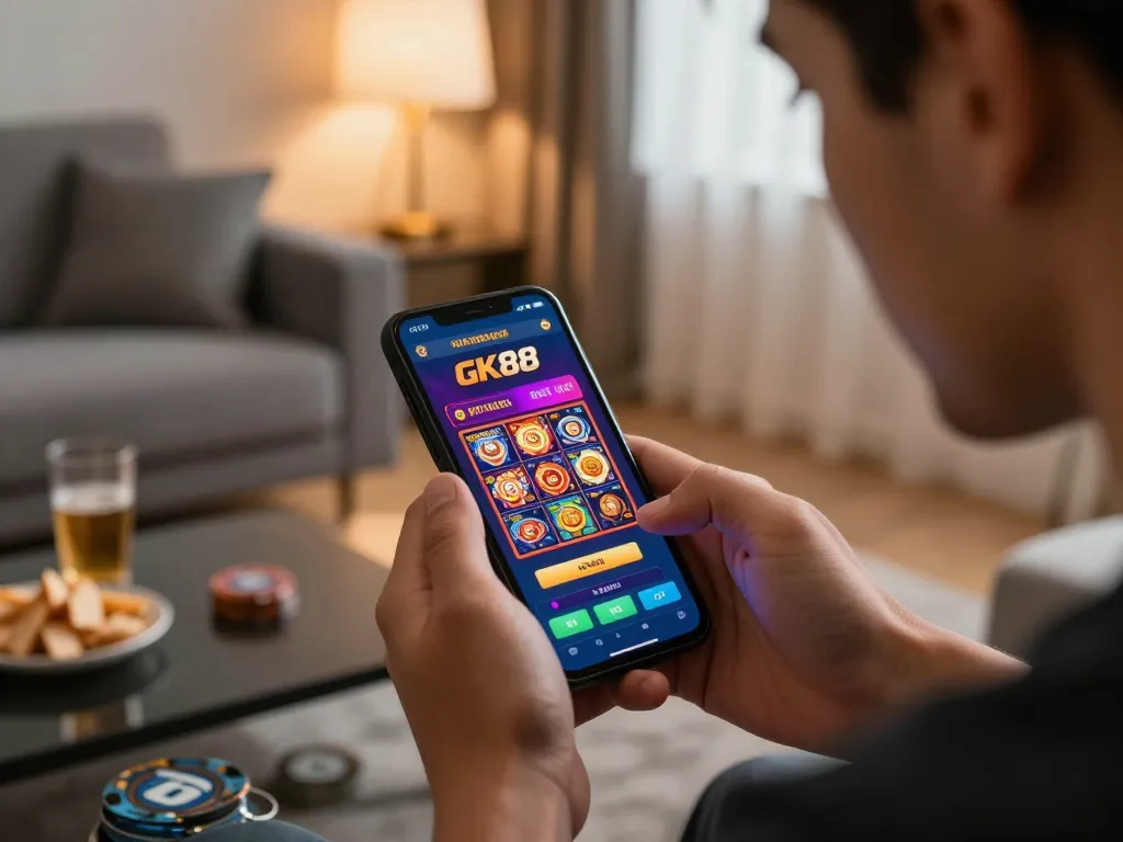 Engaging with GK88 mobile casino app in a cozy setting, displaying vibrant gaming interface and snacks