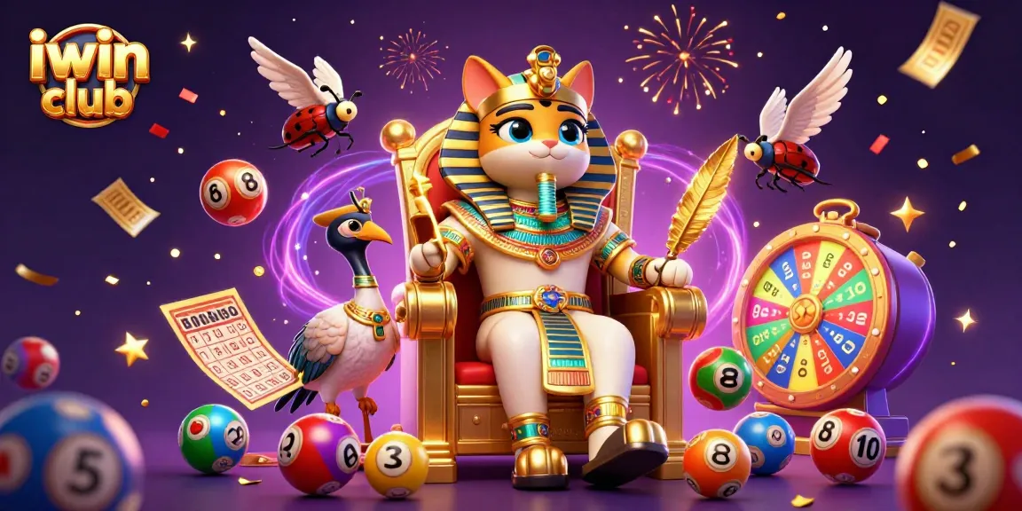 Engaging scene of iwin club with a pharaoh cat, colorful lottery balls, and festive elements.