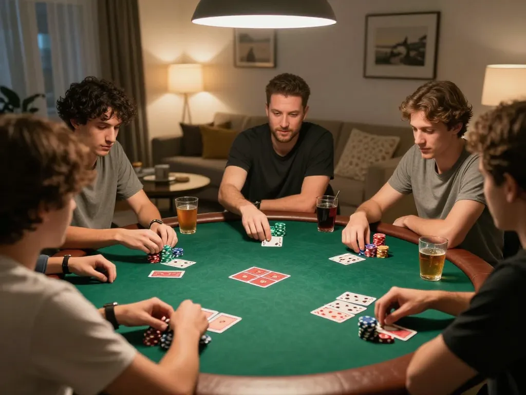 TR88 poker night with friends playing cards and enjoying drinks in cozy setting.