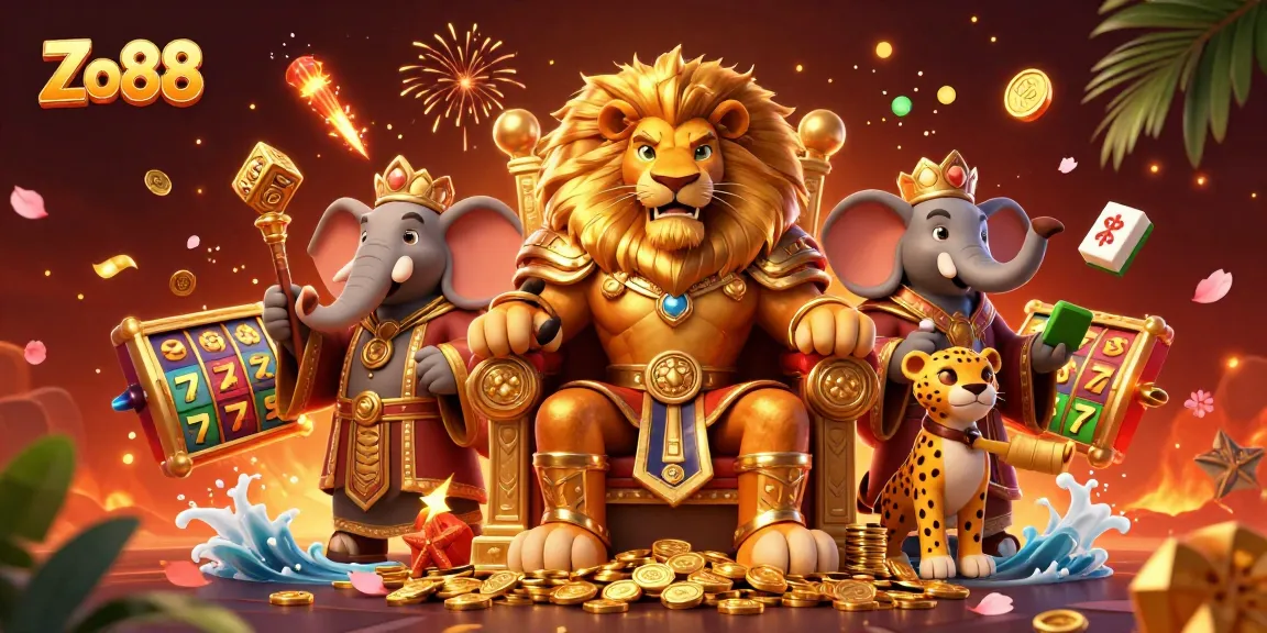 Experience the thrill of winning with Zo88's vibrant casino scene featuring a lion king and dynamic gaming elements.