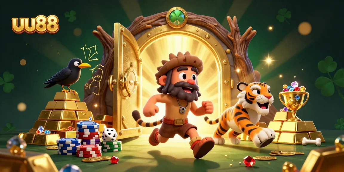 Experience excitement with uu88 in a vibrant 3D illustration capturing a prehistoric casino atmosphere filled with treasures.