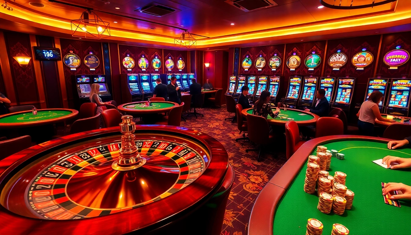 A lively casino scene illustrating mb66 com with roulette, poker chips, and engaged players.