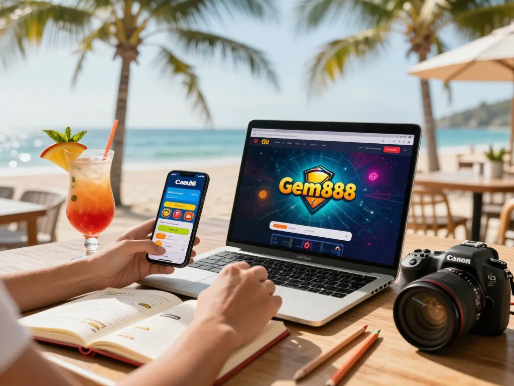 Professional using gem88 app at beach café, enjoying online gambling.