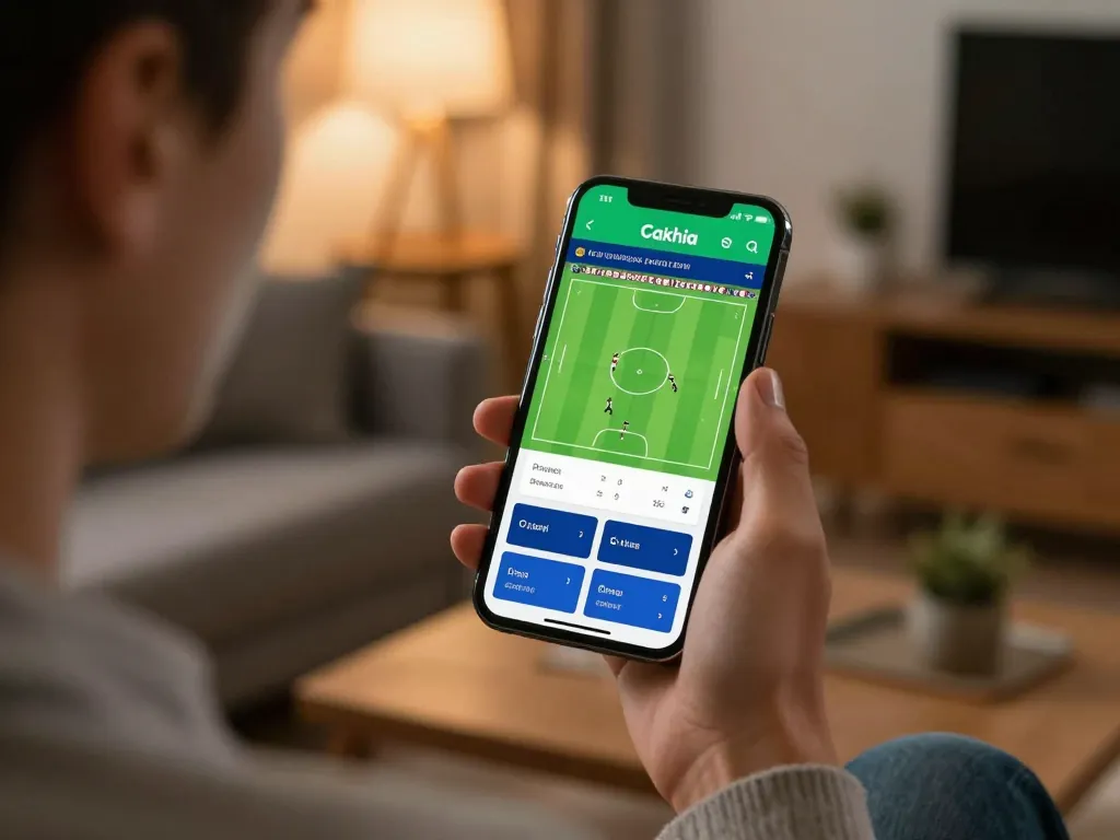 Cakhia user placing live sports bets on their mobile app in a cozy living room