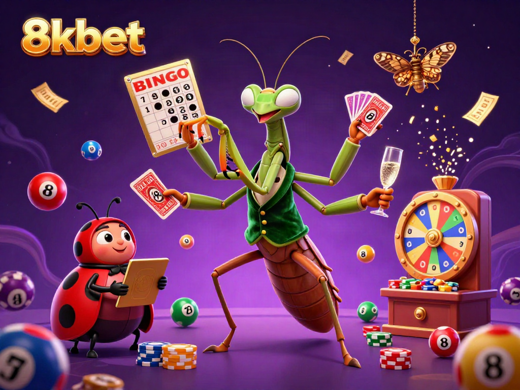 Experience the thrill of 8xbet with vibrant casino characters and lottery elements in a detailed illustration.