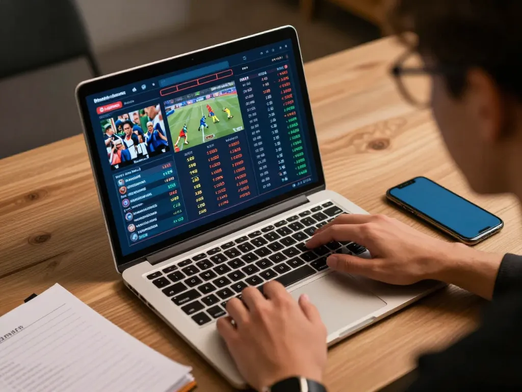 Engaging online sports betting scene at mubet with a person analyzing live odds on laptop.
