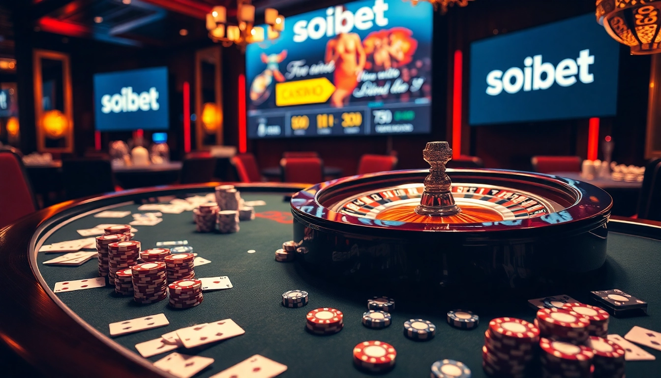 Experience an exciting gaming action at soibet ออนไลน์ with poker chips and roulette wheel.