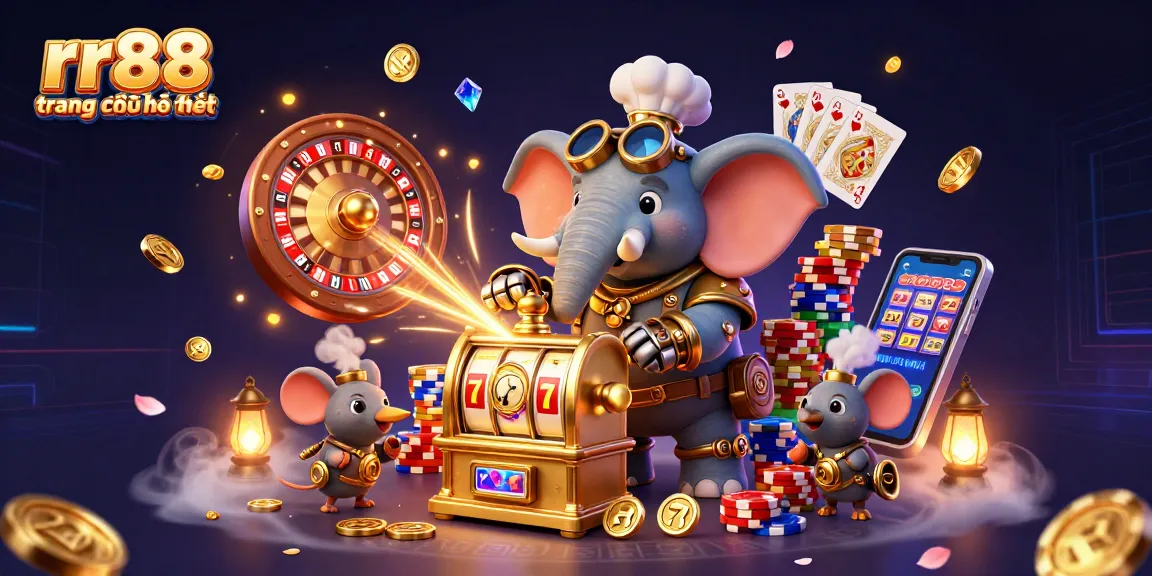 Experience thrilling games at rr88 trang chủ chính thức with a steampunk elephant and vibrant casino elements.