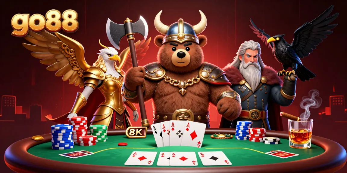 Go88 Viking berserker bear and Valkyrie eagle engaging in a lively poker game with colorful poker chips.