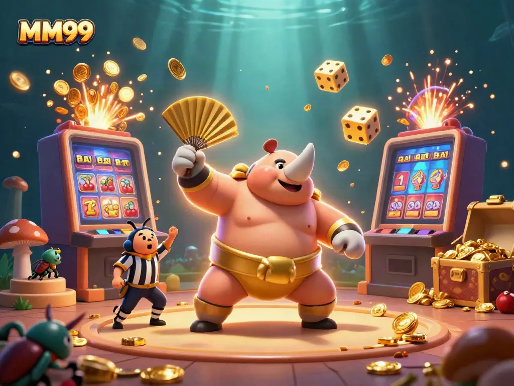 Experience a thrilling MM99 gaming scene with a sumo beetle champion amidst golden coins and a jackpot explosion.