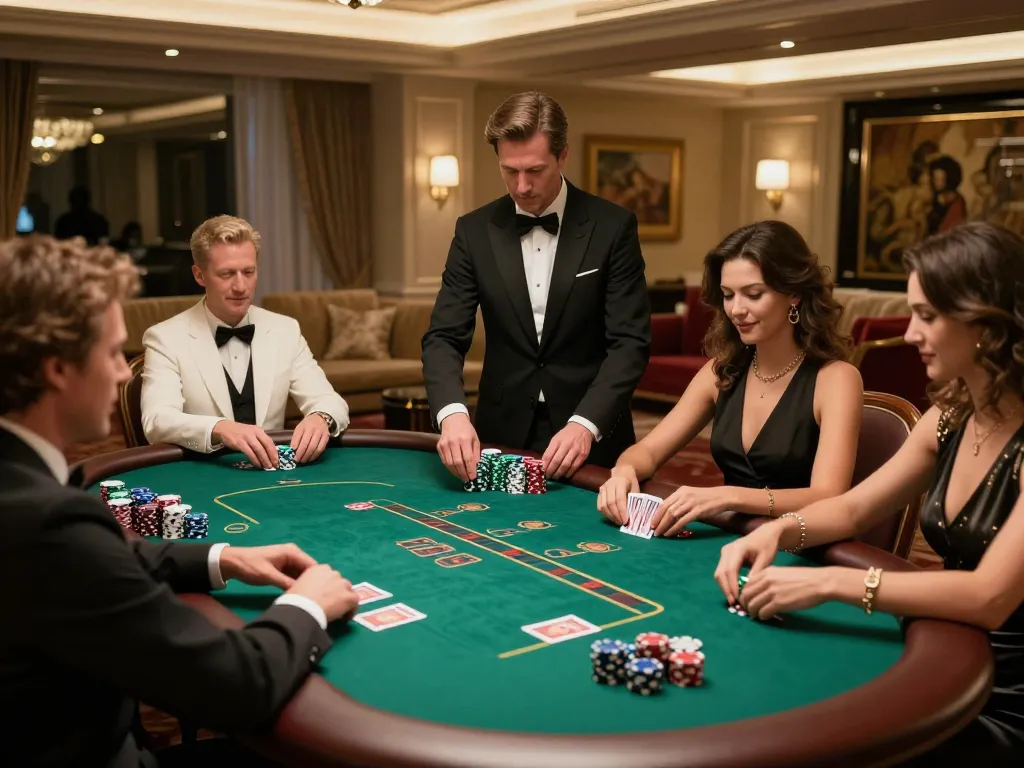 Engaged players strategizing at NK88 VIP poker table in a luxurious casino setting