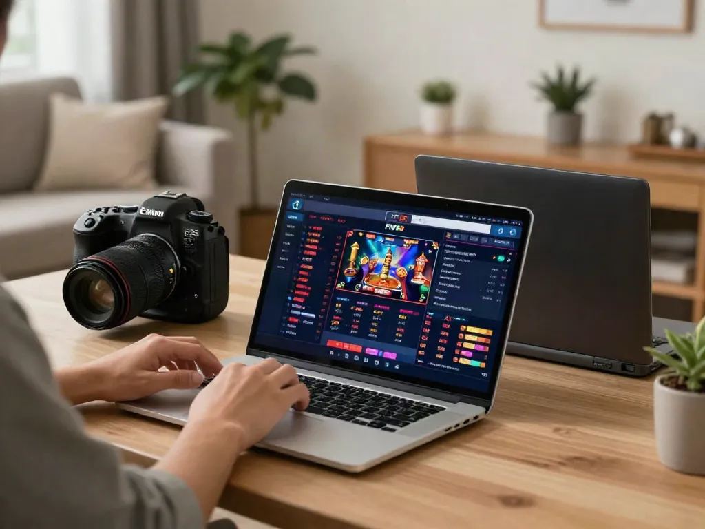 A user engaging with the FIVE88 online betting platform on a laptop, showcasing a cozy living room setup.