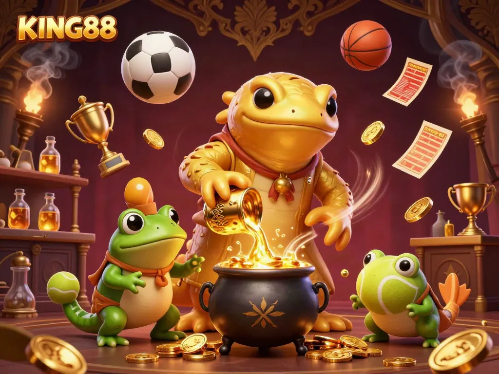Exciting KING88 scene with a golden salamander alchemist and frog apprentice amidst sports betting elements.