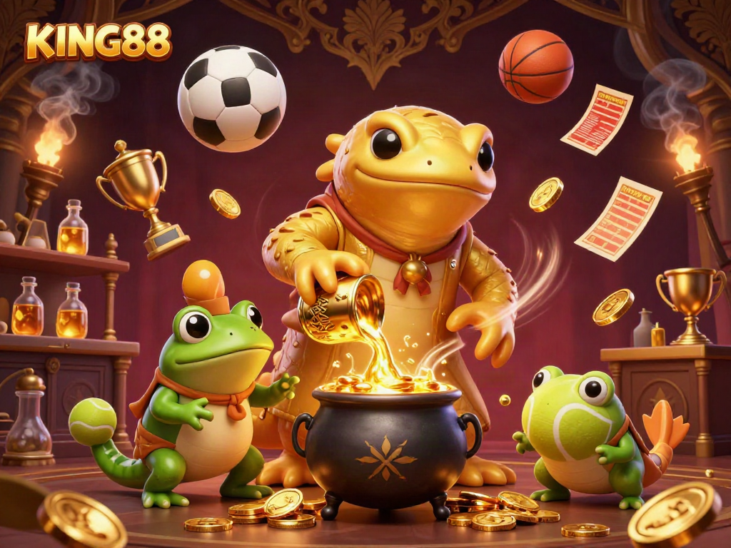 Exciting KING88 scene with a golden salamander alchemist and frog apprentice amidst sports betting elements.