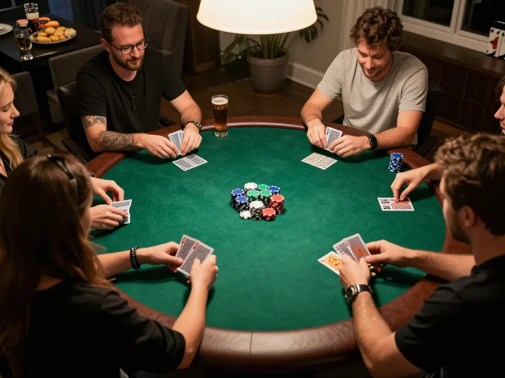 Engaged players strategizing at a home poker game, showcasing 789clubgo's community spirit in gaming.