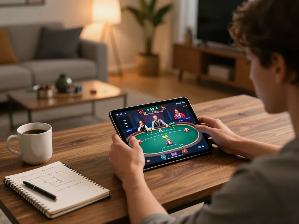 Diving into dagago gaming on a tablet with strategic notes nearby, enjoying online poker