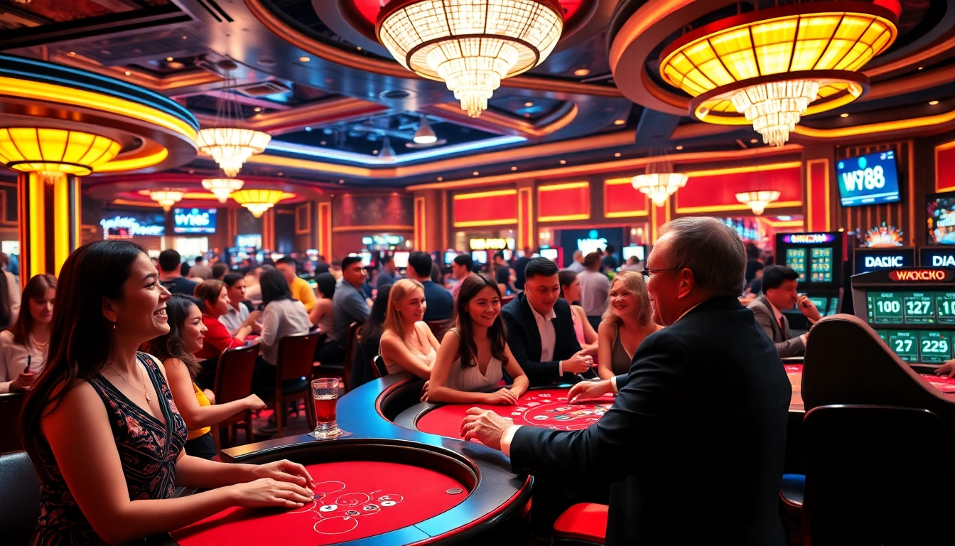 Experience the thrill of w88.nyc in a luxurious casino setting with players engaging in Baccarat and Blackjack.