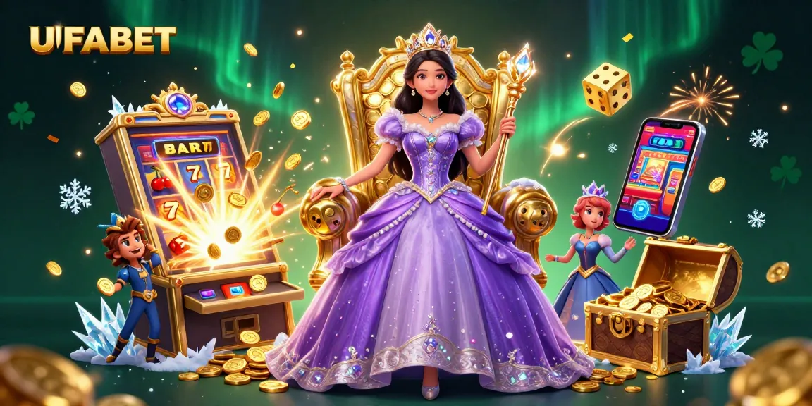 Win big with UFABET in a dazzling casino scene featuring vibrant slot machines and a royal play atmosphere.