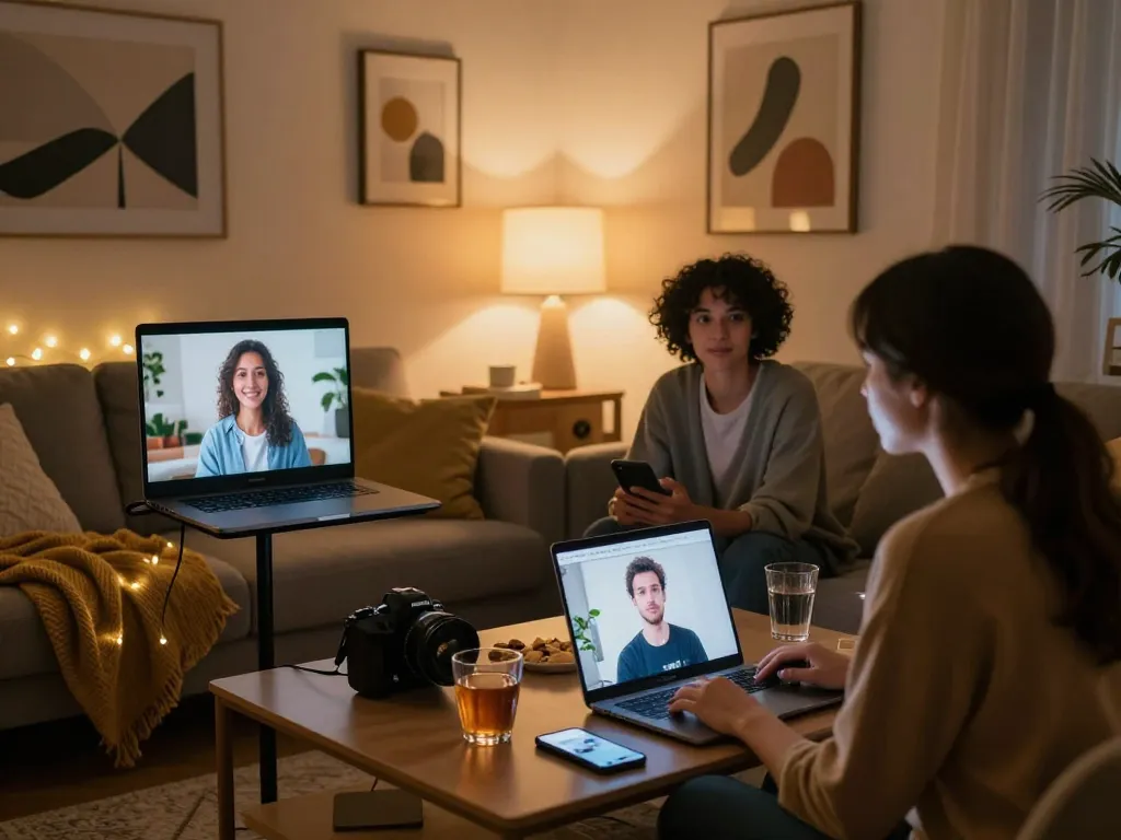 Engaging conversation in an intimate setting featuring ai porn chat interactions, warm lighting, and modern aesthetics.