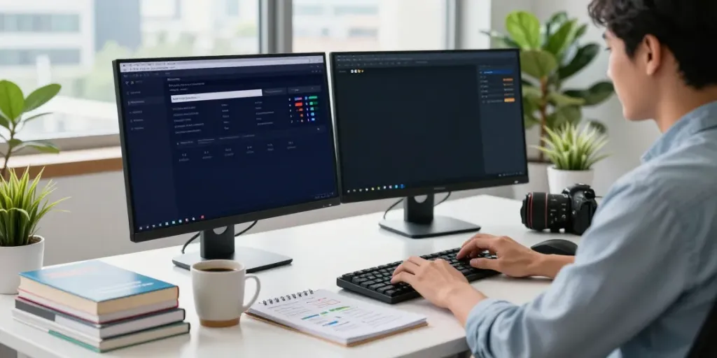 SEO specialist analyzing instant indexing tools in a vibrant office.