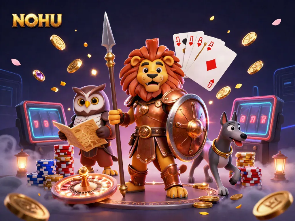 NoHU online casino features a Spartan lion, owl, and greyhound surrounded by sparkling coins and a roulette wheel.
