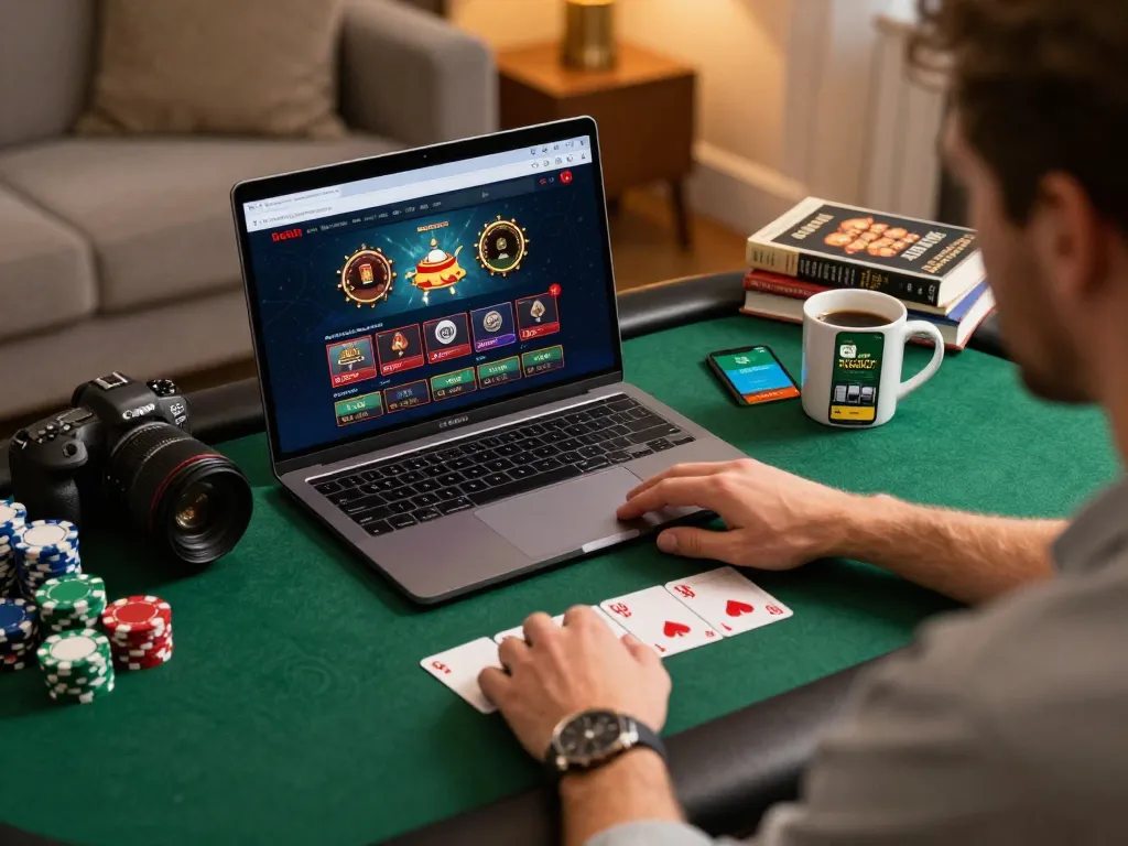 Hbet online gaming session featuring a player at home with poker cards and a laptop, promoting responsible gambling.
