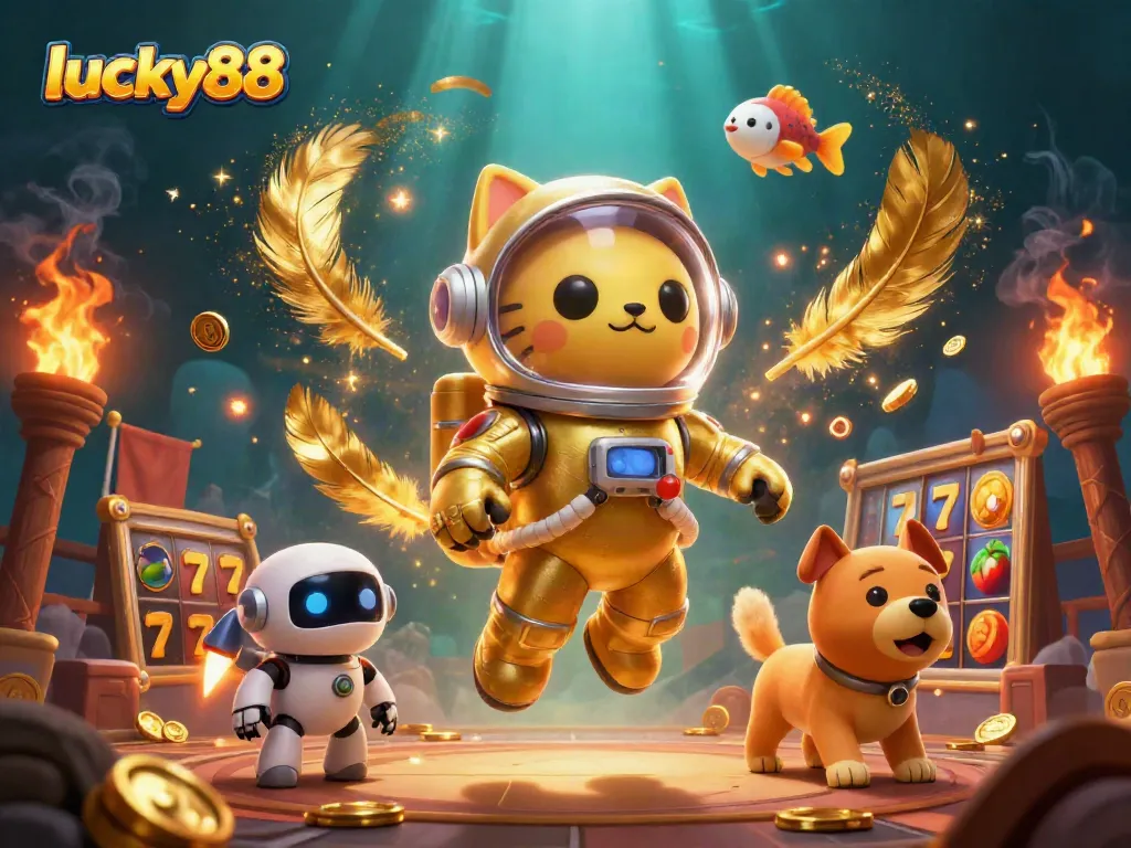 Experience lucky88 excitement with a 3D astronaut cat and robot dog in a dynamic casino scene.