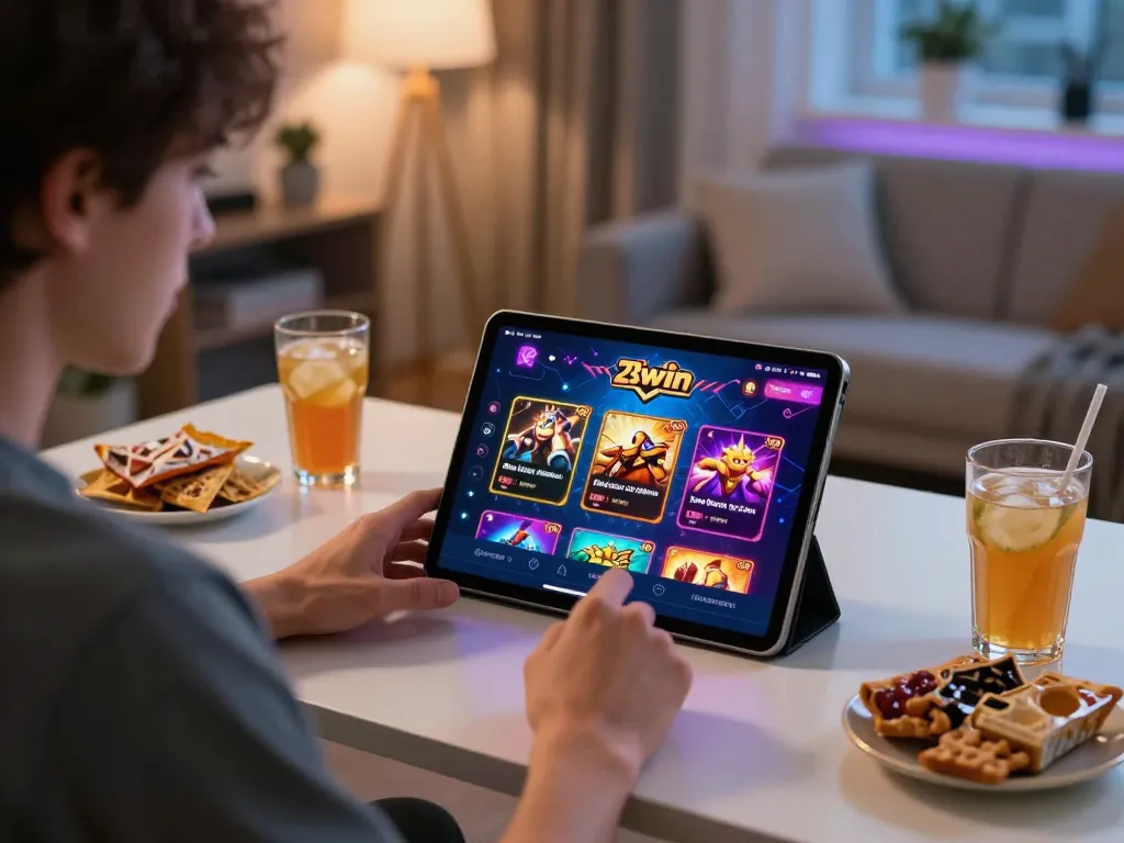 Engaging player enjoying online 23win gaming experience at home with tablet and snacks.