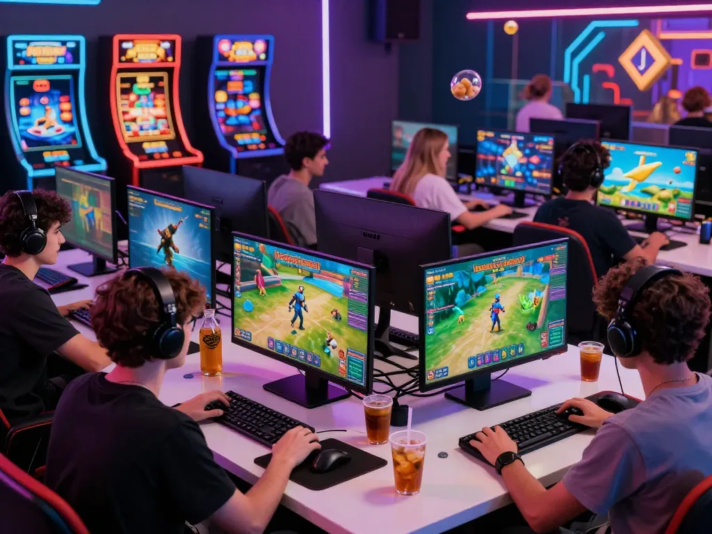 Exciting scene of friends enjoying diverse online games at a hit club.
