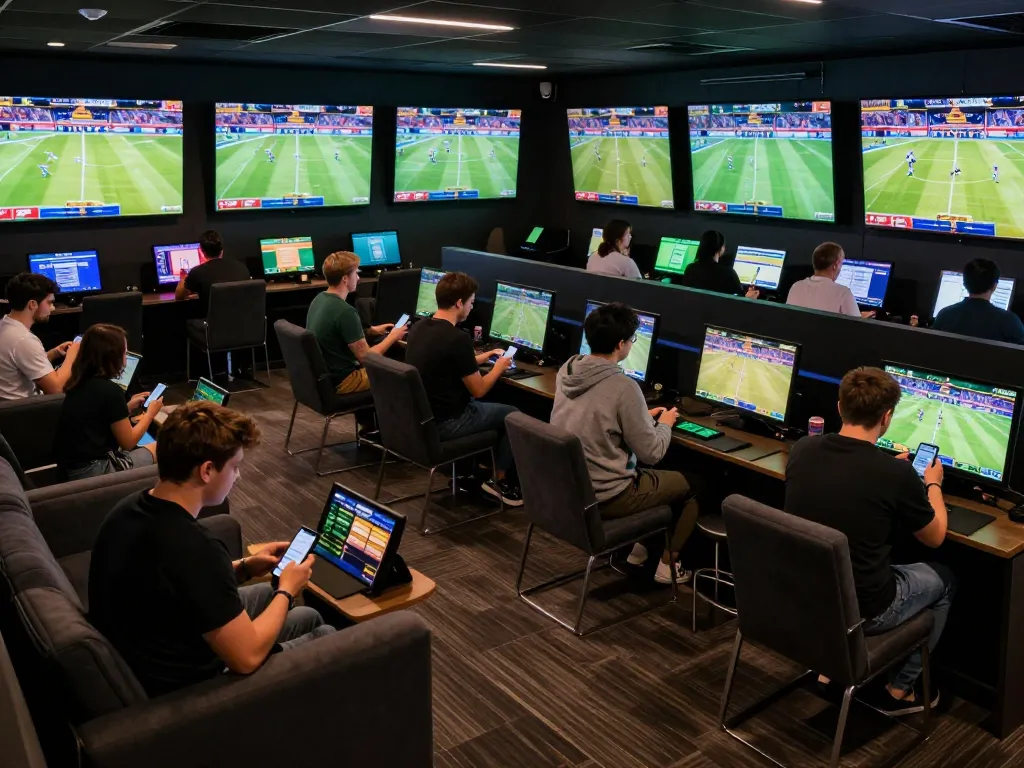 Engaged bettors analyzing live games on their devices at keobongda sports betting lounge, capturing excitement and strategy in a modern setting