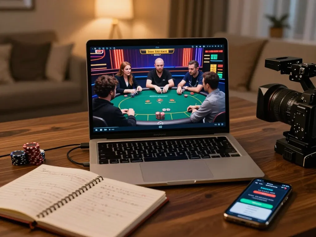 Win678 online gamers strategizing poker hands in a cozy, tech-savvy environment.