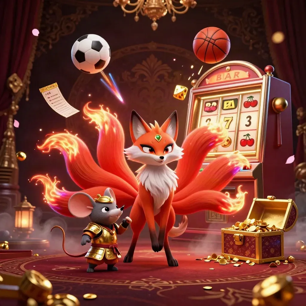 Neon fox spirit and samurai mouse amid slot burst, gold dice, petals, and casino glow