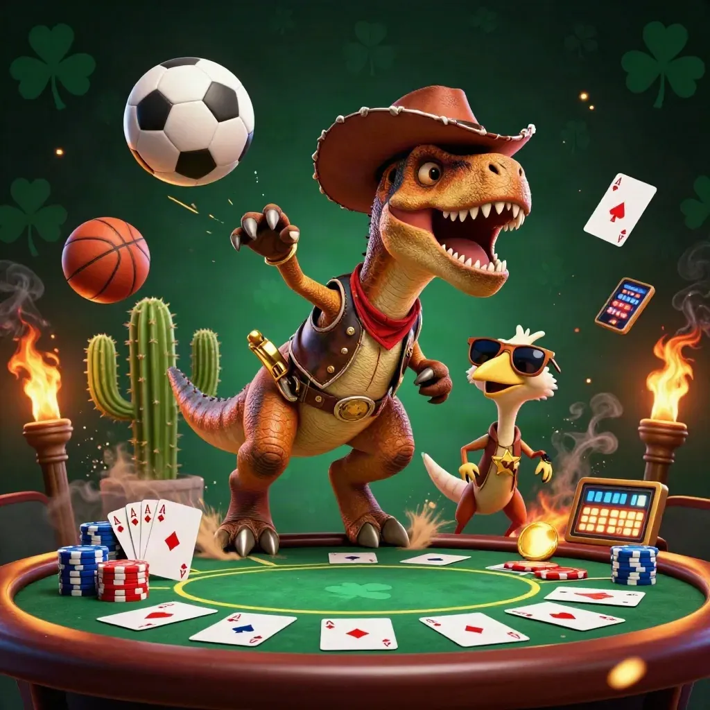 Ground-level casino key art with cowboy T-Rex, cactus sidekick, roadrunner, poker chips, balls, and blazing light